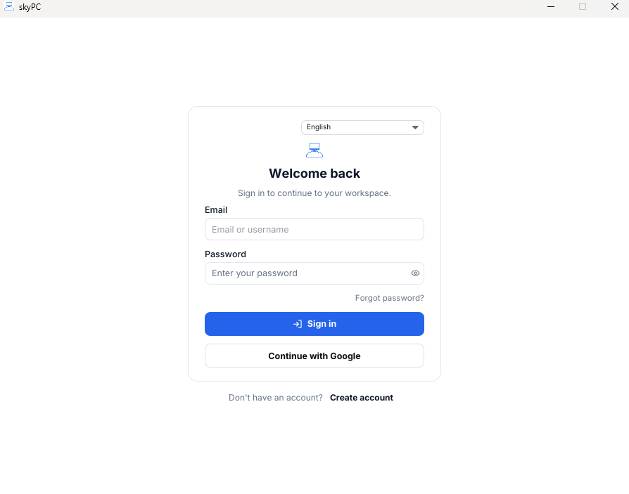 skyPC sign-in screen