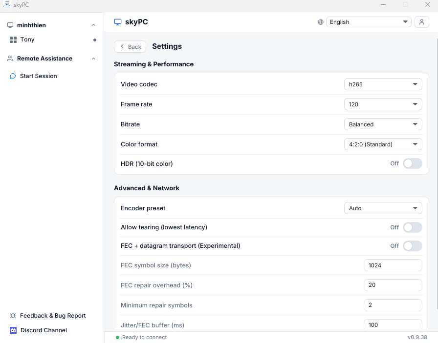 Streaming & Performance and Advanced & Network settings